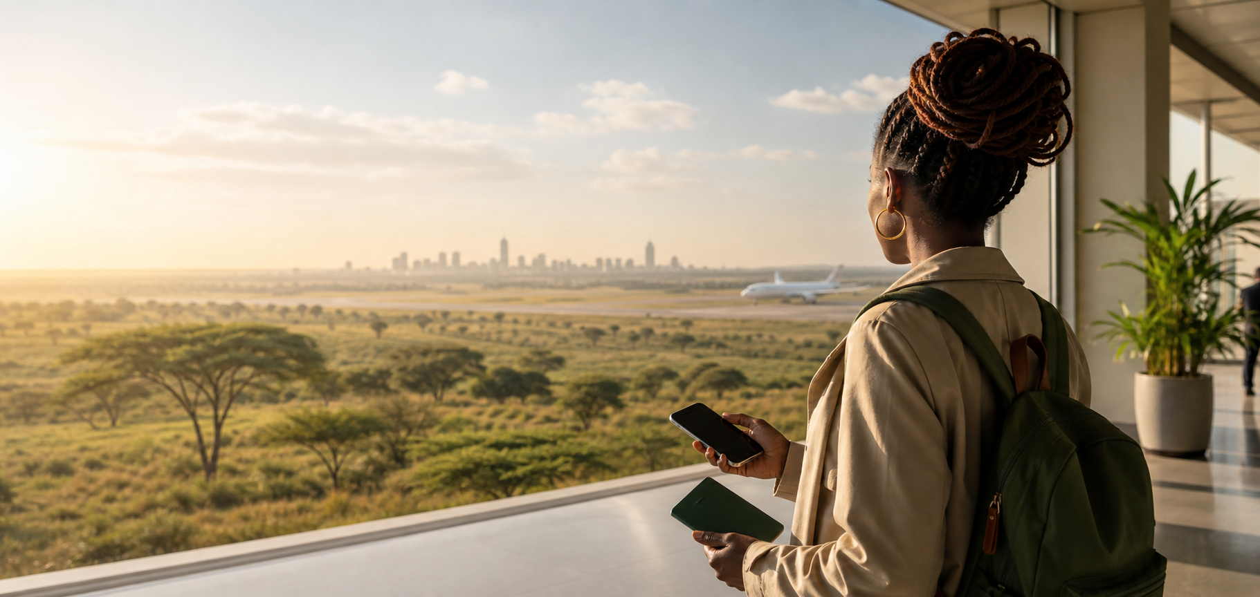 Traveller at an airport looking toward the Kenyan landscape
